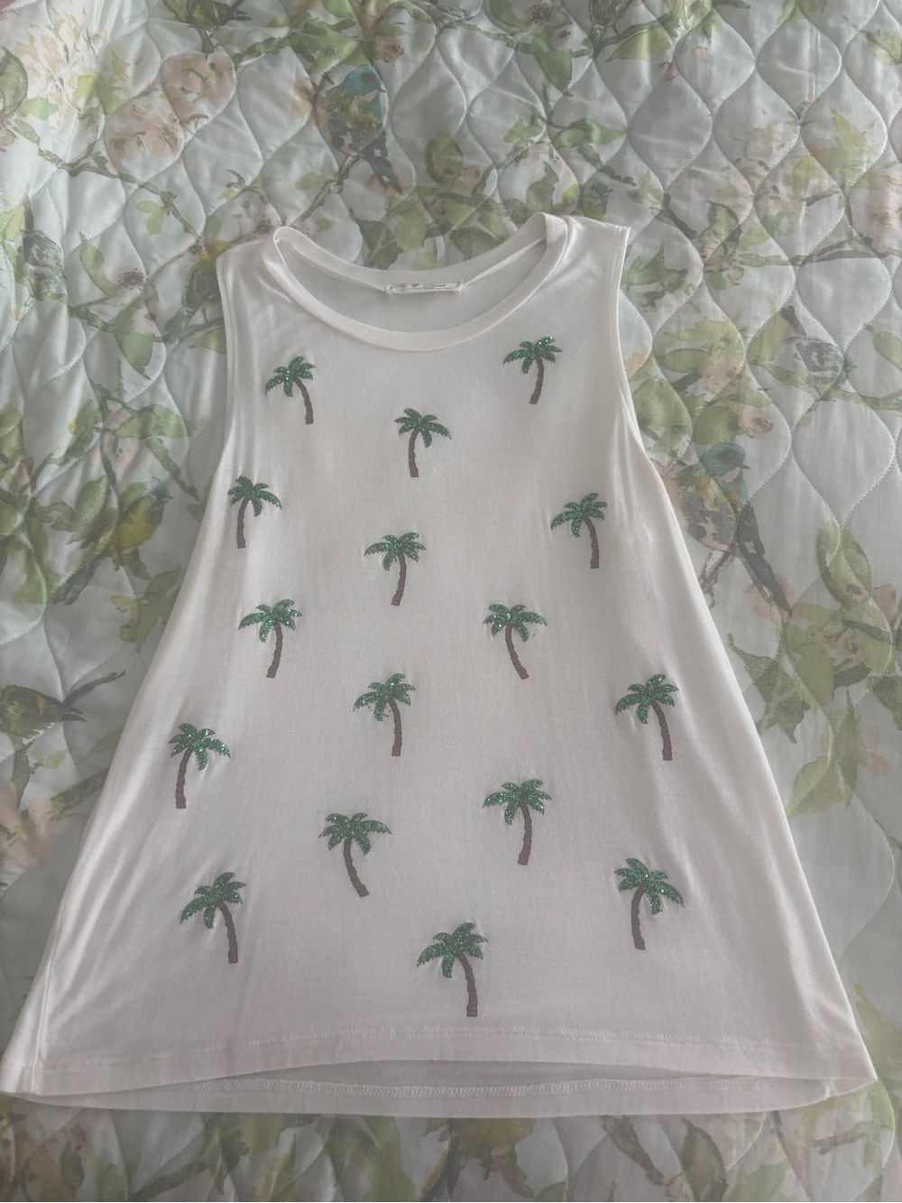 White Glitter Palm Tree Tank Top, vacation, tropical, size small, beach
